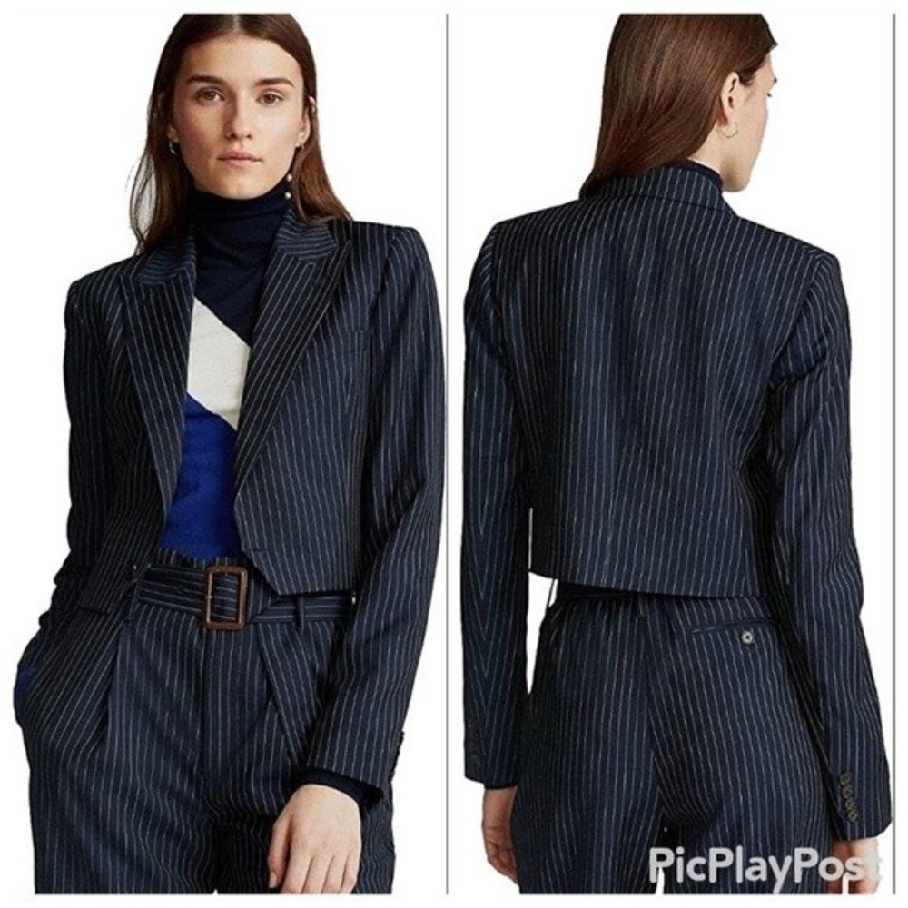 NWT Polo Ralph Lauren Cropped Navy 100% Wool Striped Blazer